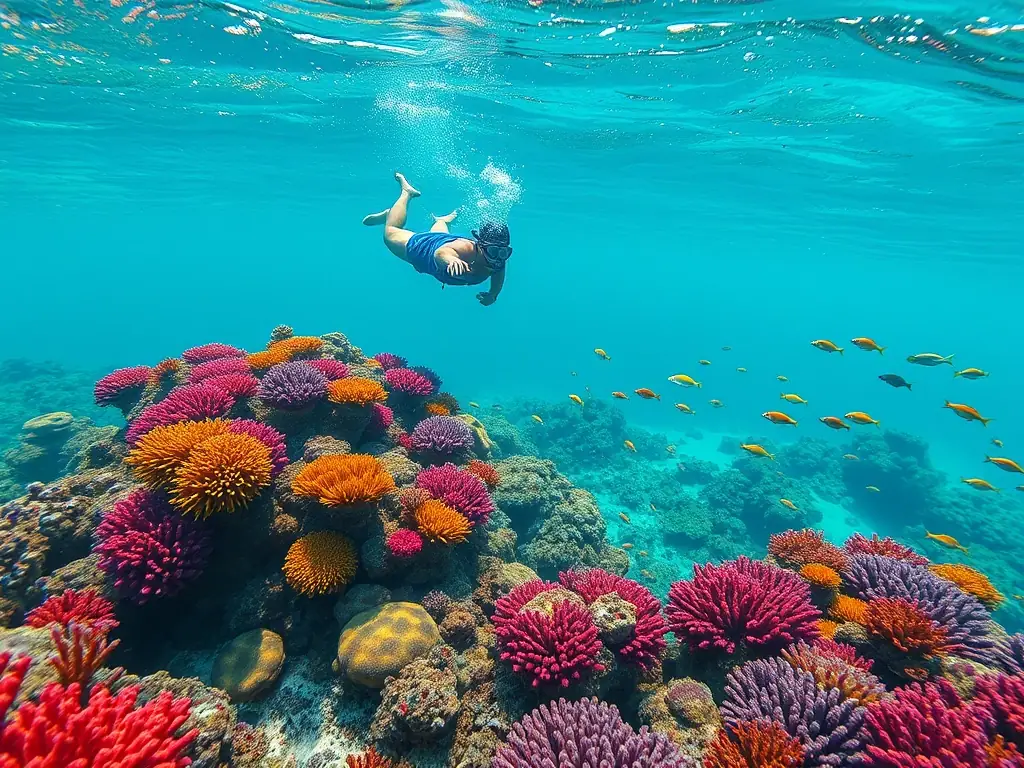 A marine biologist diving underwater to collect data on coral reef health, with colorful coral and fish visible in the background. The image highlights the importance of underwater research for understanding marine ecosystems.
