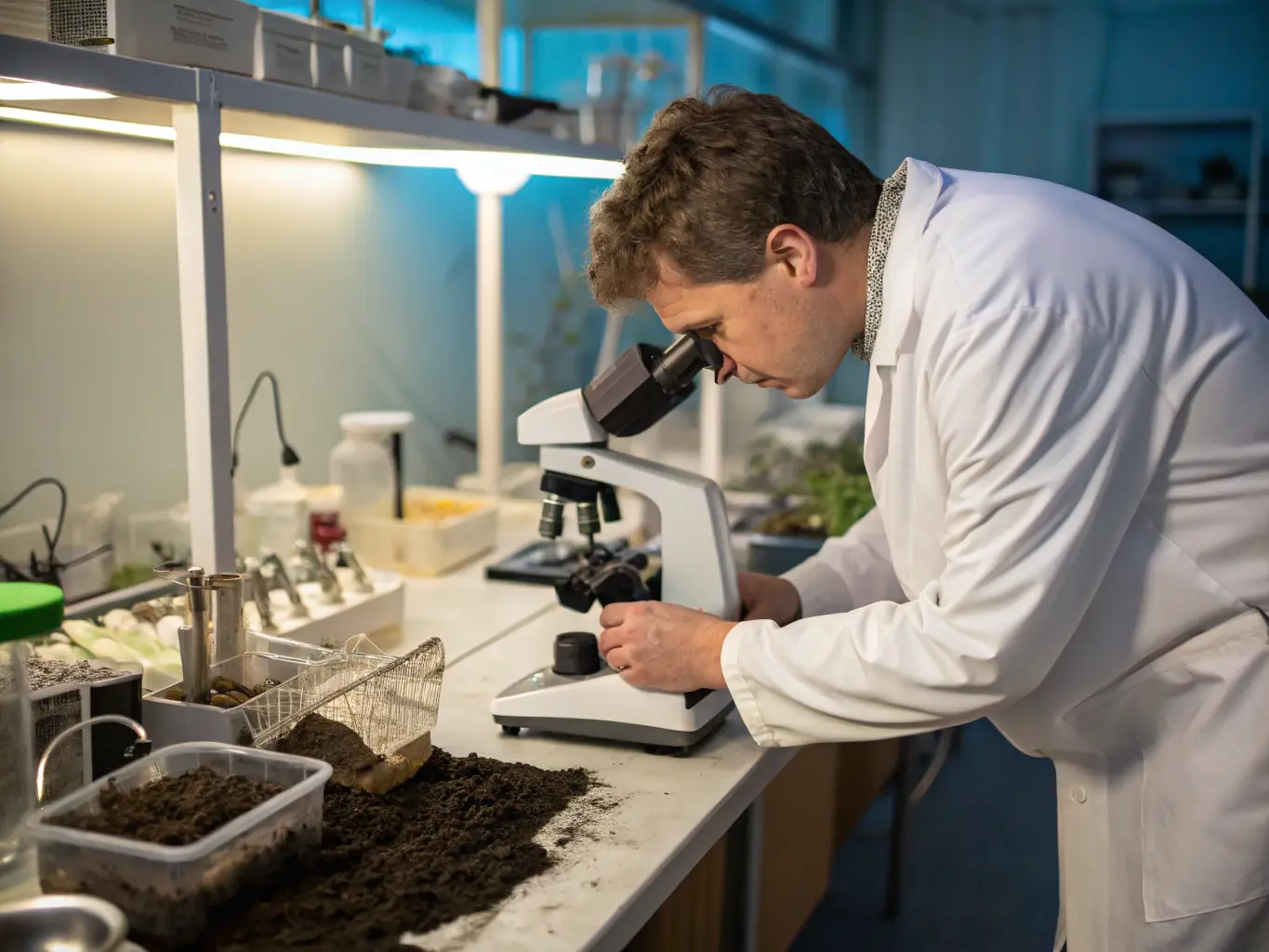 A researcher in a lab coat examining a sample of coastal sediment under a microscope, with scientific equipment and data visible in the background. The scene conveys a sense of scientific rigor and dedication to understanding coastal processes.