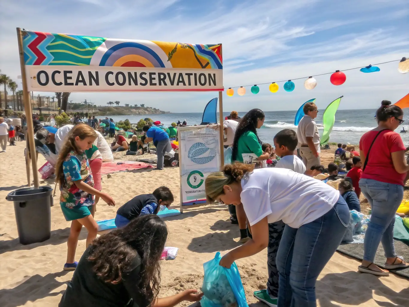 A vibrant image of an ETUDE SAUVEGARDE CONSERV ANIMAT LITTORAL outreach team engaging with local community members at a coastal festival, providing educational materials and interactive displays.