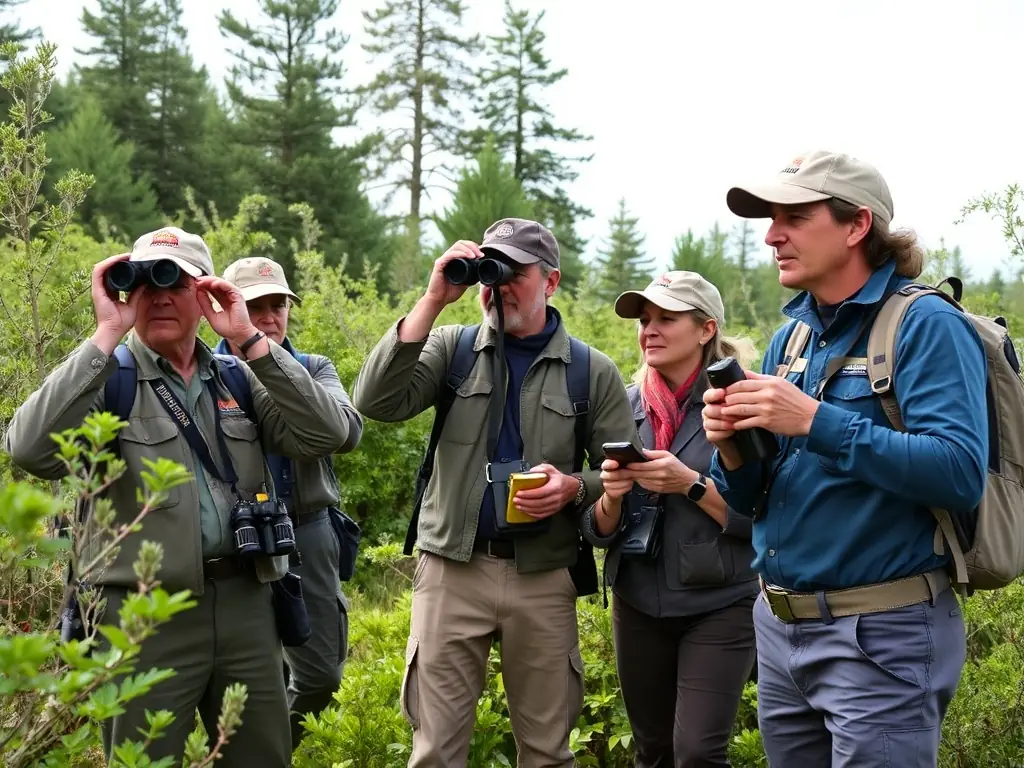 A group of researchers and volunteers working together to collect data on coastal bird populations, with binoculars and field guides in hand. The scene emphasizes the collaborative nature of coastal research.