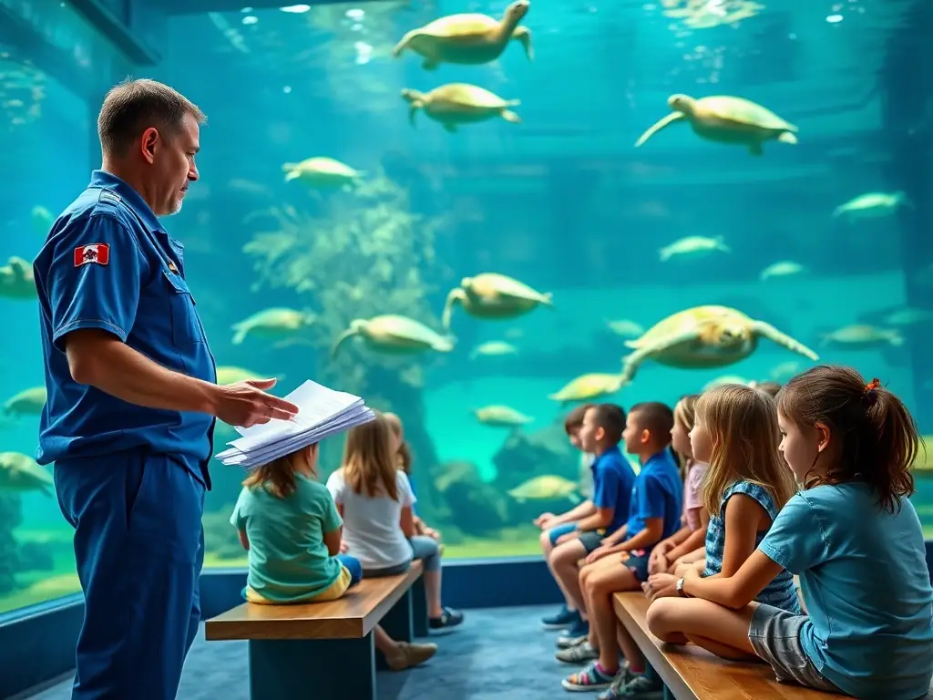 A photograph of a workshop session where participants are learning about marine biodiversity and conservation techniques from an ETUDE SAUVEGARDE CONSERV ANIMAT LITTORAL expert.