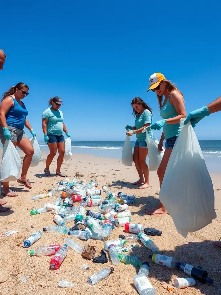 A serene image of a coastal cleanup activity, with volunteers collecting trash along a sandy beach, emphasizing community involvement and environmental stewardship.