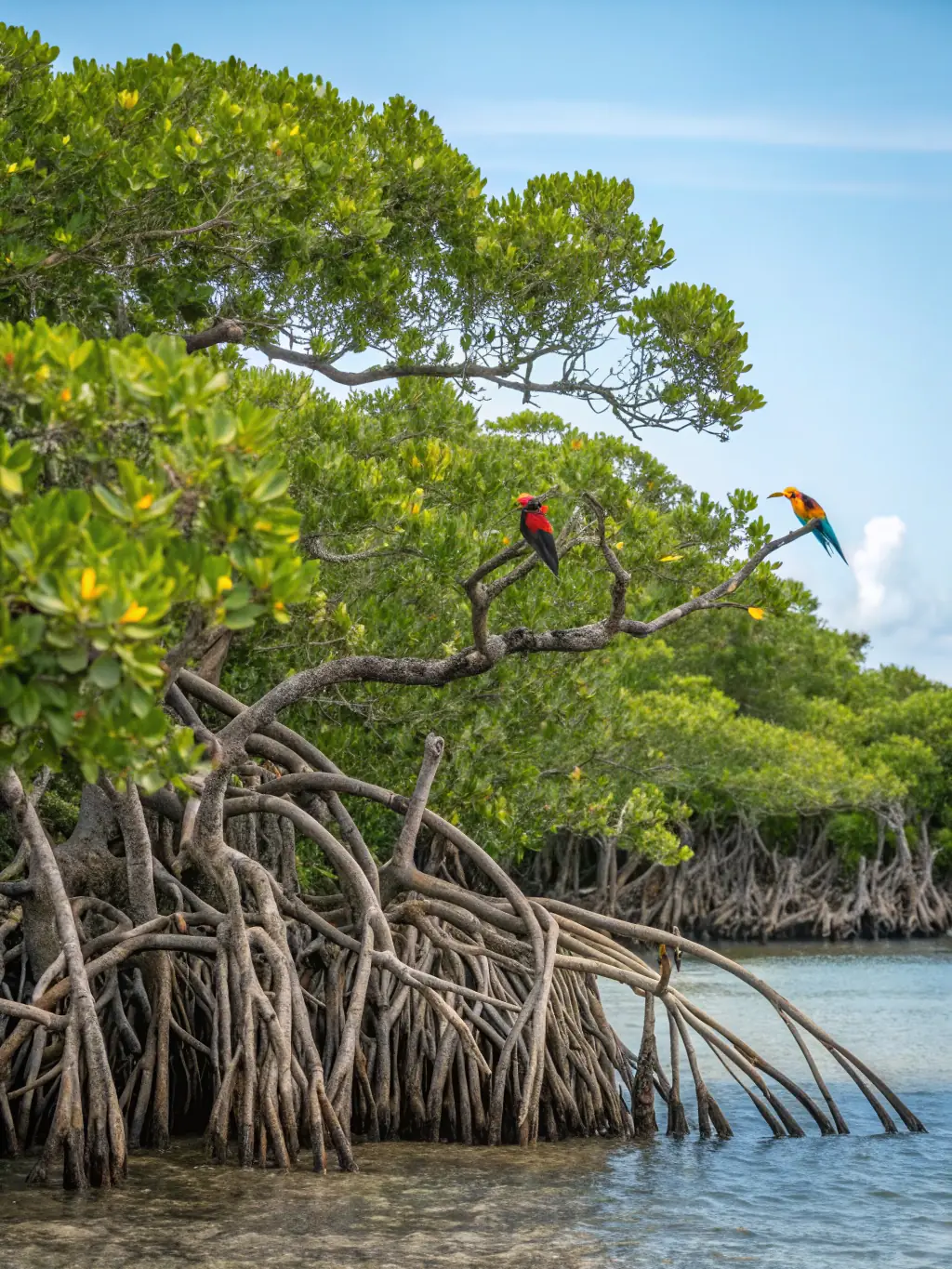 An image of a restored mangrove forest along a coastline, with healthy, green mangroves thriving in the intertidal zone.