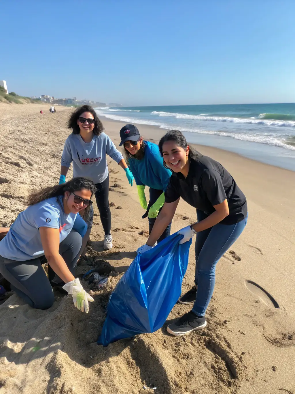 A picture of a team removing plastic debris from a beach, showcasing the organization's commitment to reducing marine pollution and protecting coastal ecosystems.