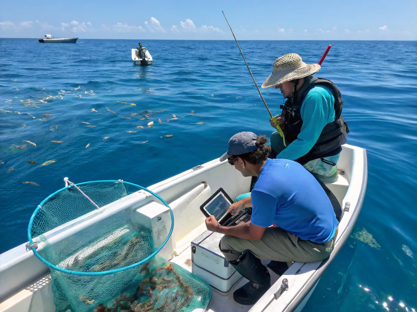 A captivating image showing researchers collecting data on marine species in a coastal lagoon, highlighting scientific research activities.