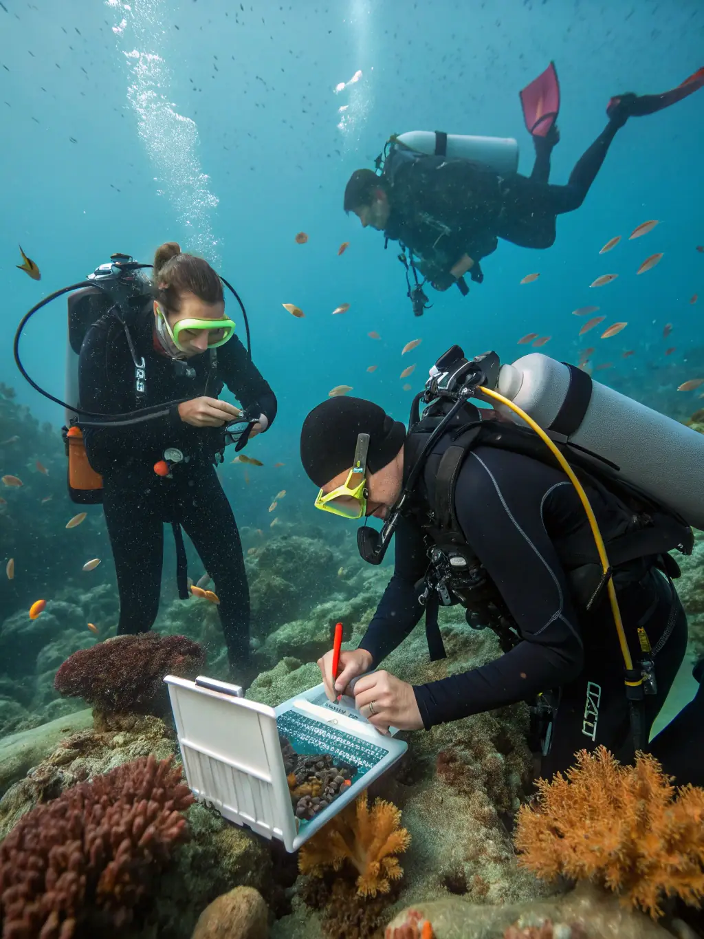 A photograph showcasing a group of researchers studying marine life in a coastal estuary, highlighting the scientific aspect of the organization's work.